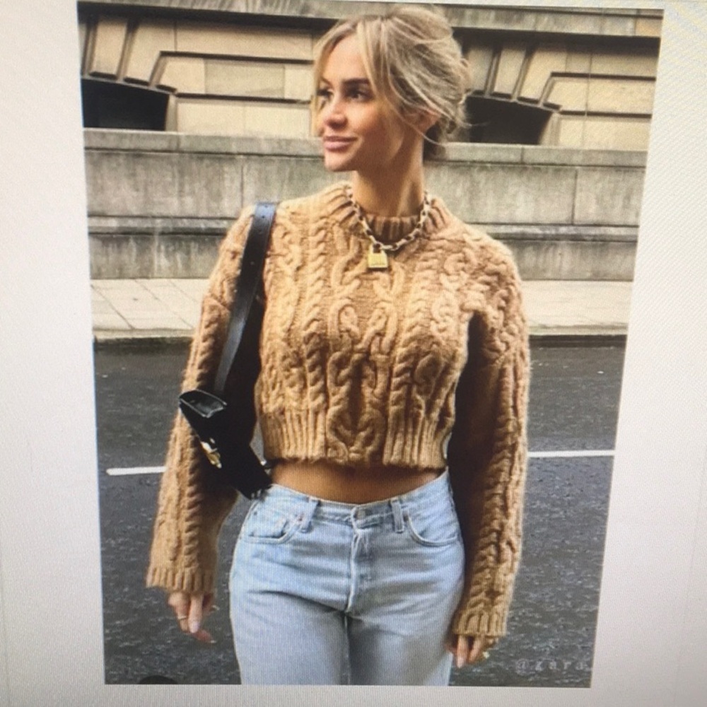 ZARA/“CARAMEL TAFFY”FISHERMAN’S   BRAID CROP CREWNECK SWEATER